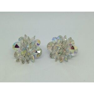 Vintage Aurora Borealis Crystal‎ Clip On Earrings Siver Tone 1 In Diameter